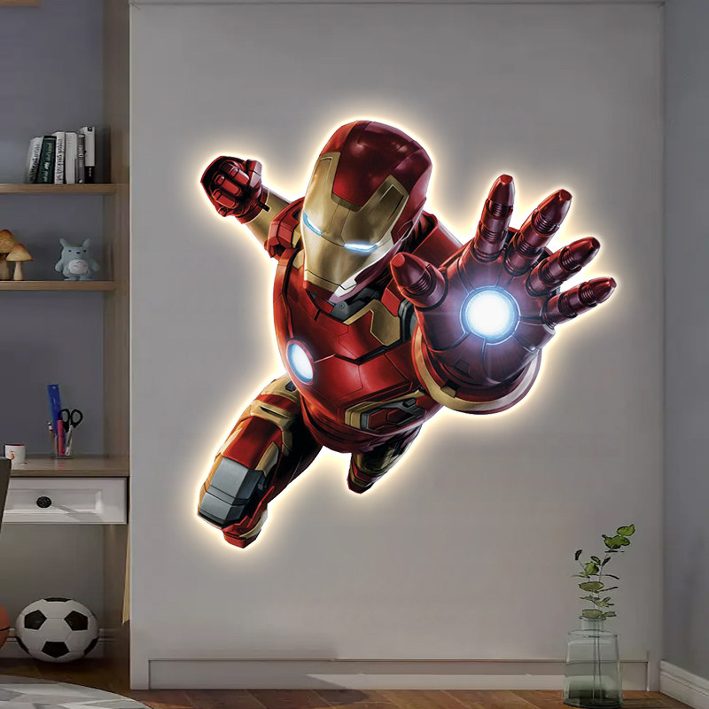 卡通漫威钢铁侠儿童房间装饰画发光壁灯画男孩卧室床头客厅墙挂画