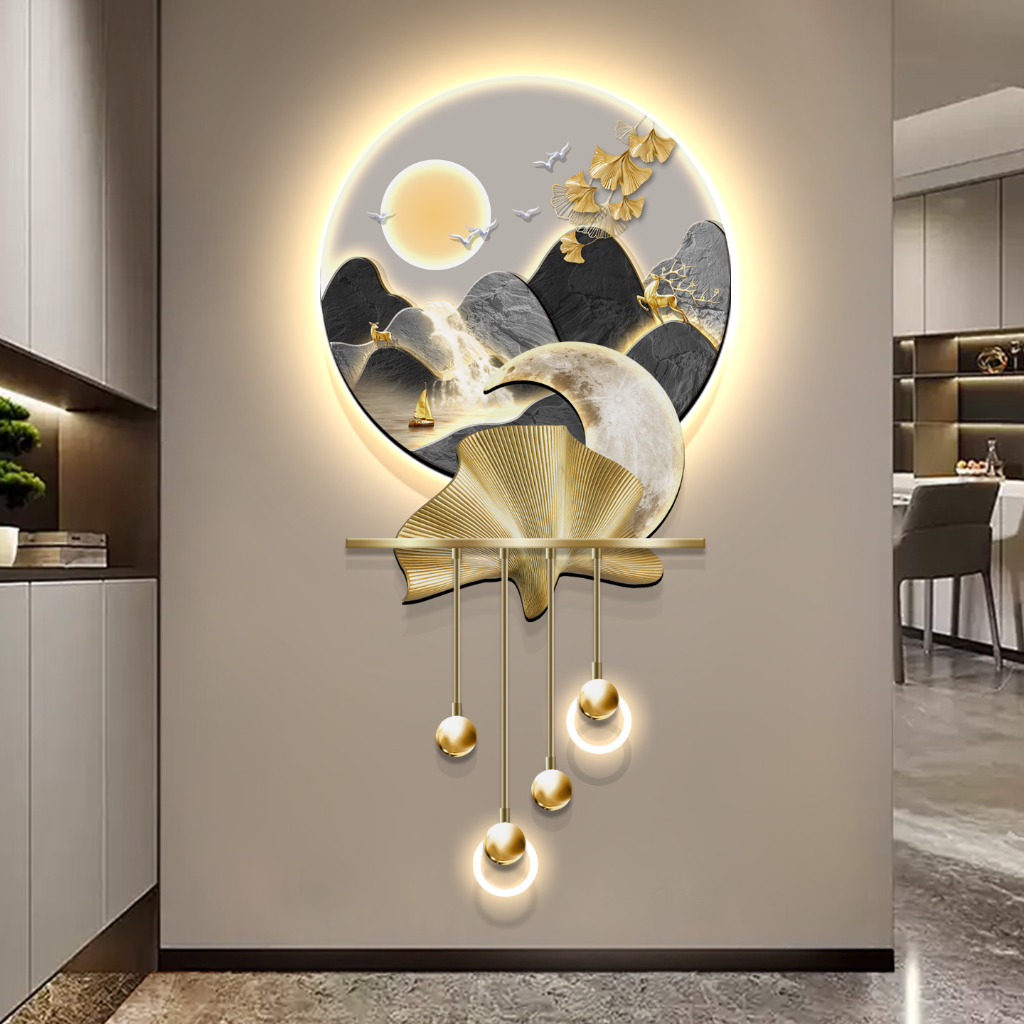 背靠金山轻奢玄关装饰画高级感入户走廊过道挂画新中式餐厅墙壁灯