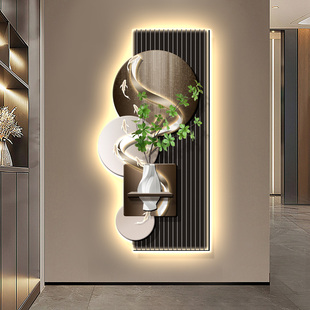 现代轻奢玄关装饰画走廊过道挂画多层立体高级感发光壁灯画九鱼图