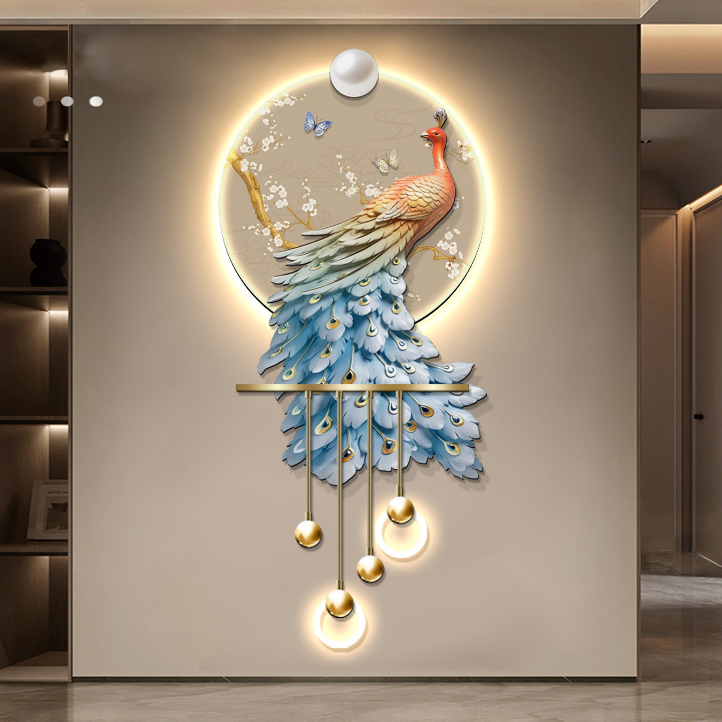 现代轻奢孔雀玄关装饰画寓意好LED灯光挂画走廊立体发光艺术壁灯