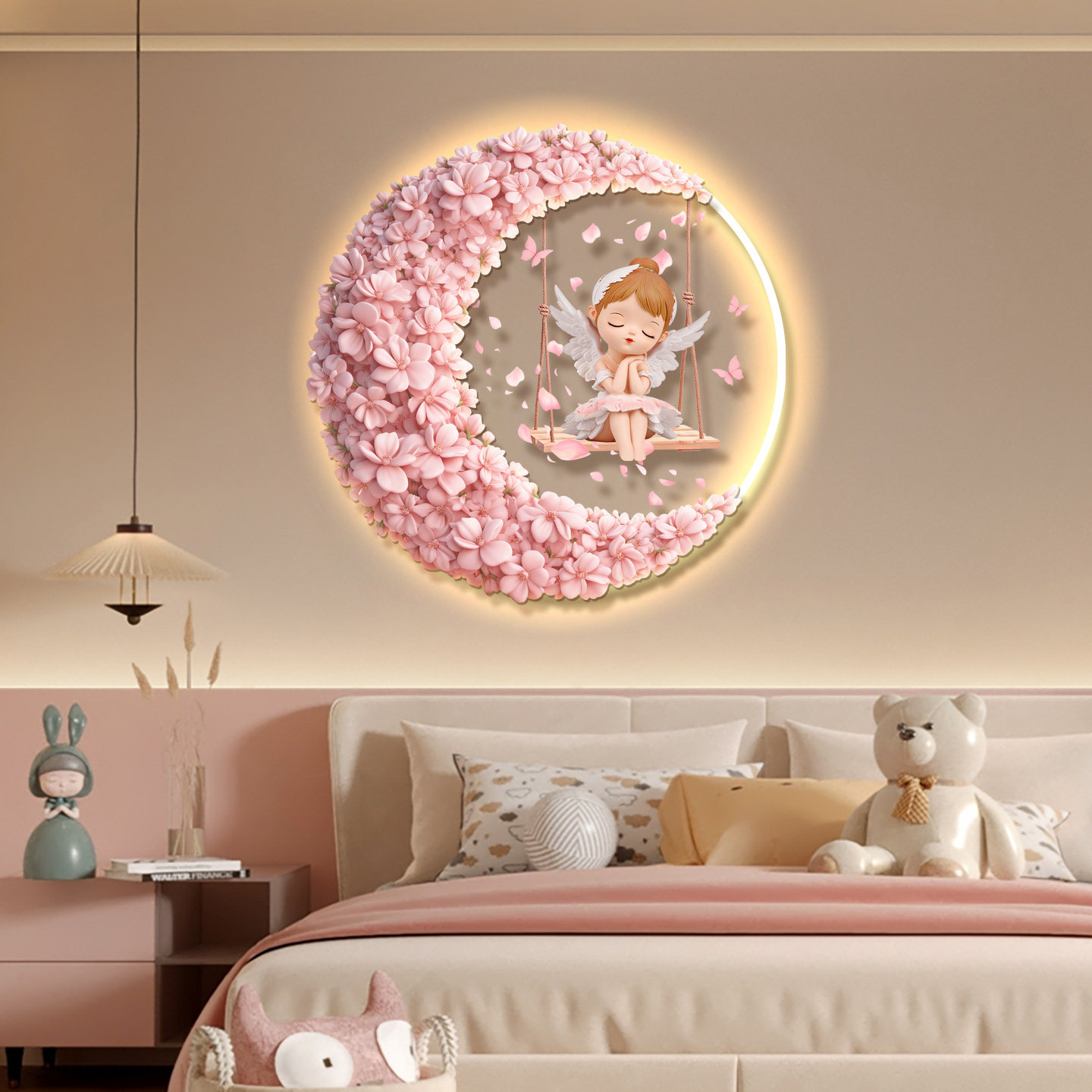 奶油风粉色儿童房温馨灯画卧室装饰画高级感女孩公主房间床头挂画