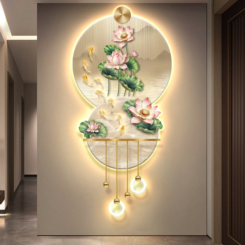 荷花立体发光玄关装饰画轻奢过道走廊led灯光壁画挂画九鱼感应画
