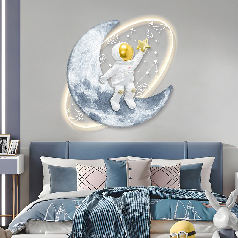 登月摘星卧室儿童房装饰画现代床头背景墙壁氛围灯宇航员卡通挂画
