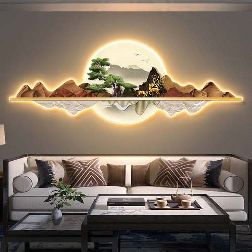 新中式客厅背景墙LED麋鹿装饰画