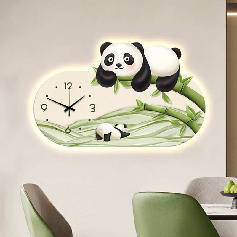现代简约熊猫餐厅装饰画带时钟挂画轻奢LED灯画客厅饭厅钟表壁画