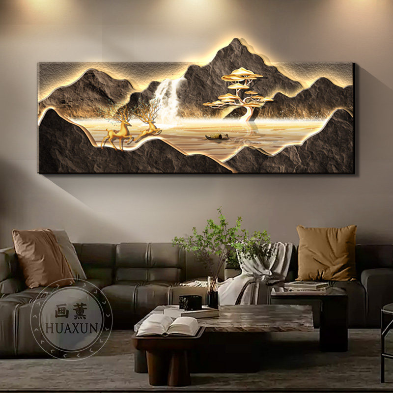 聚宝盆山水画客厅装饰画立体砂岩画高级感背有靠山沙发背景墙挂画