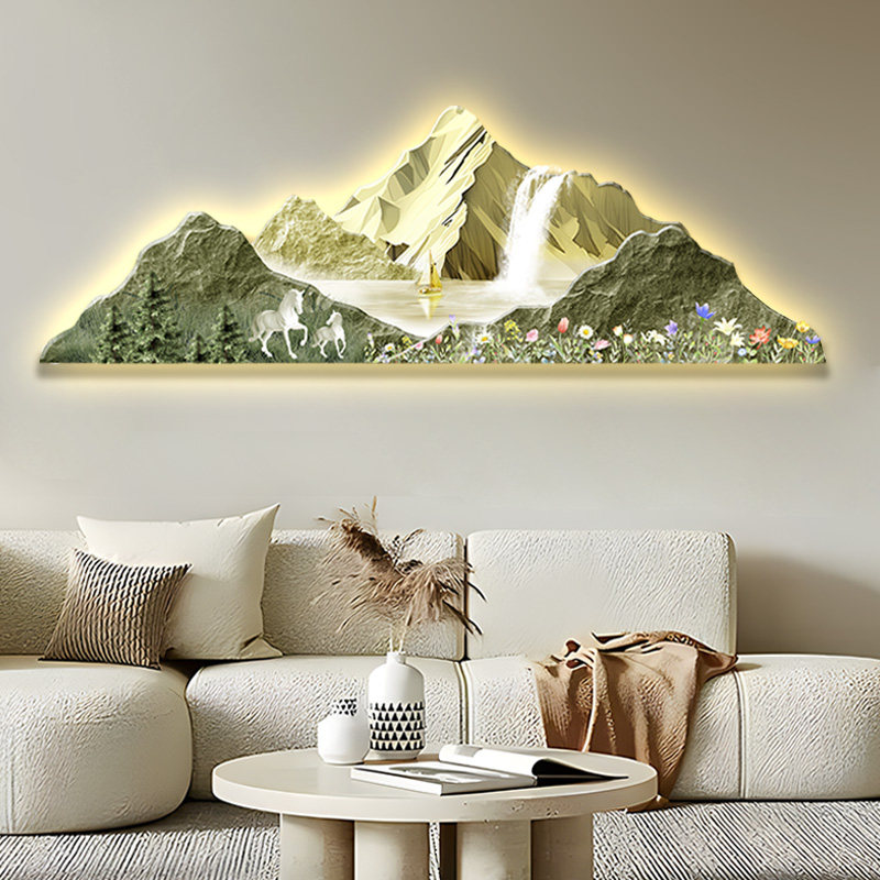 日照金山客厅装饰画奶油风沙发背景墙挂画绿色轻奢led发光灯画,家居饰品,现代装饰画,淘宝优惠券,粉丝福利购,淘宝优惠卷