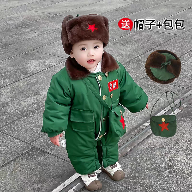 加厚连体婴儿军绿男女童衣冬季洋气衣服加绒大衣宝宝哈衣棉服套装