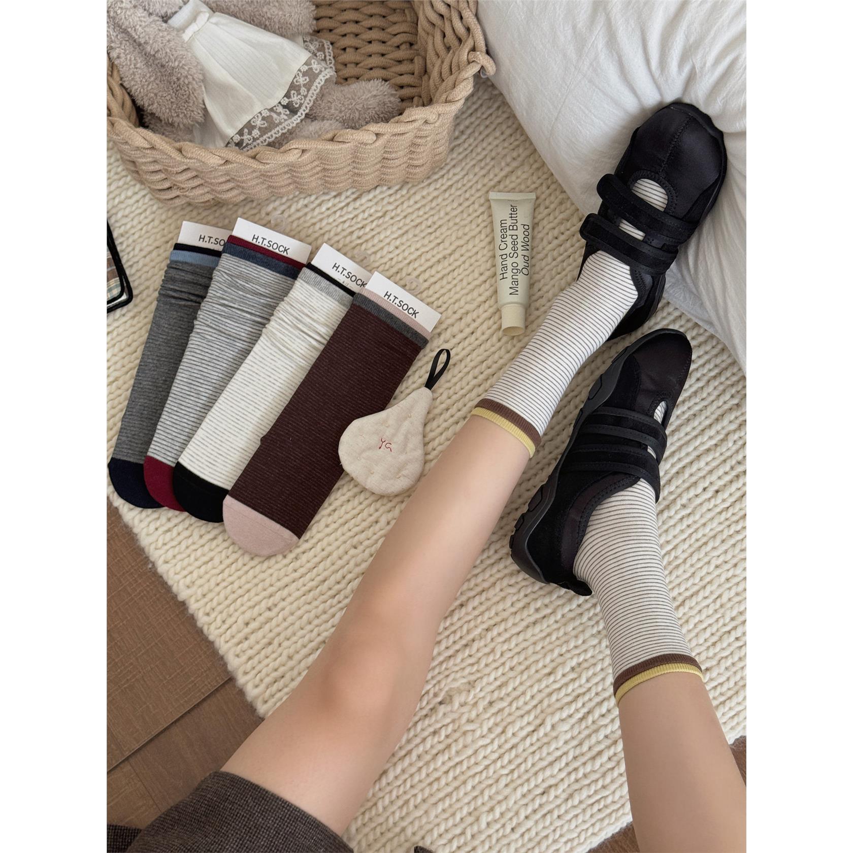复古条纹堆堆袜子女中筒