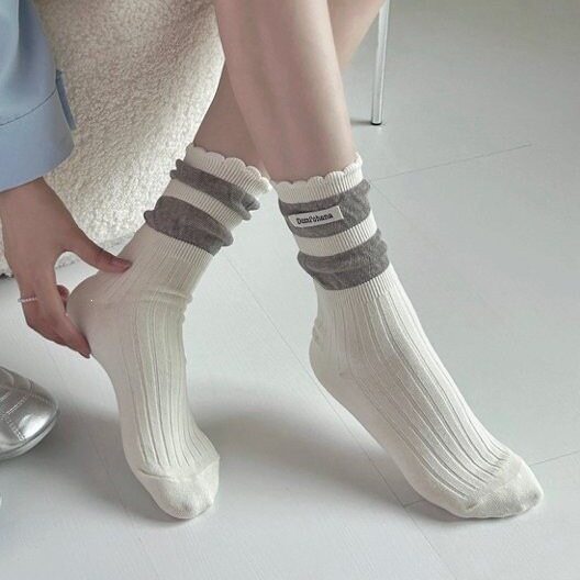 韩系木耳边条纹堆堆袜女春秋奶