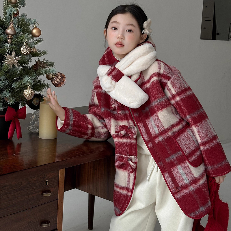 女童冬季呢大衣2025新款洋气儿童格子加绒毛呢外套中大童保暖冬装