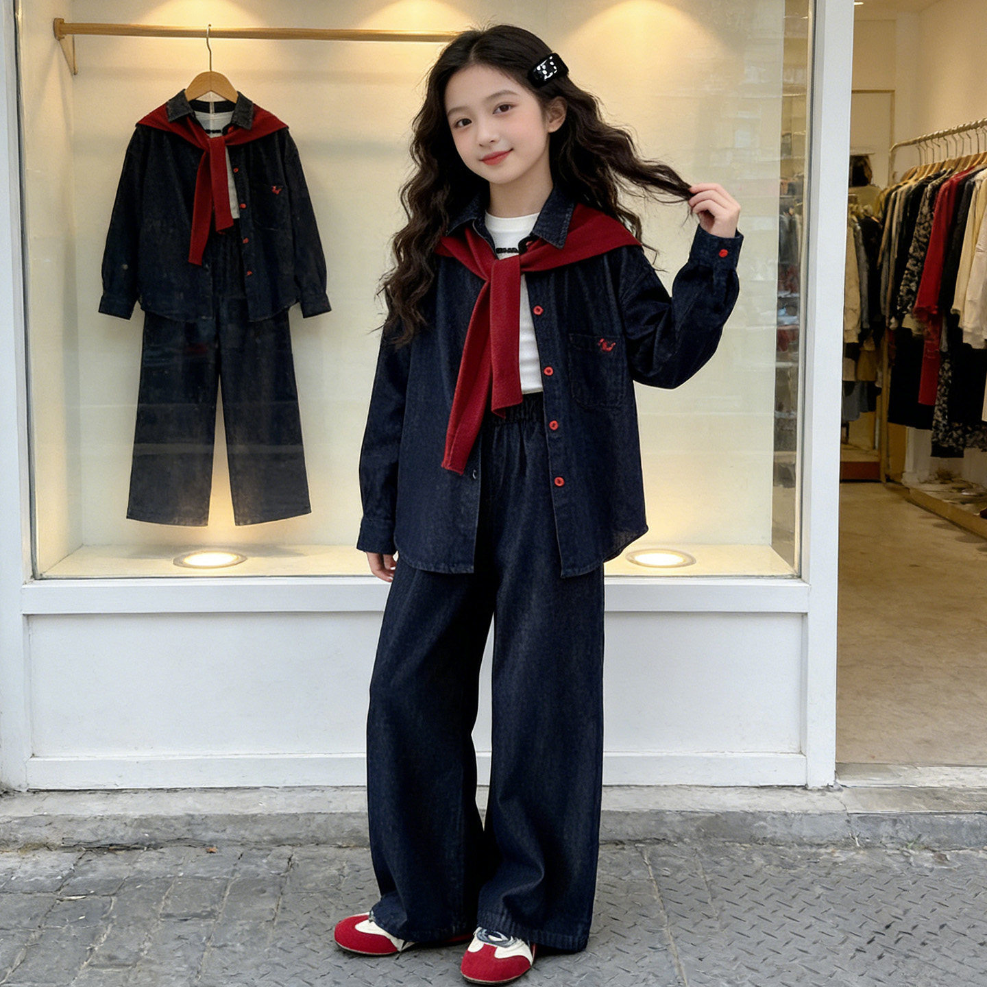 韩国女童春装牛仔套装2026新款儿童洋气披肩衬衫阔腿裤三件套潮酷