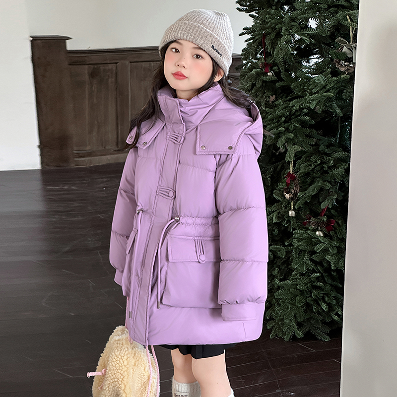 女童冬季加绒加厚连帽棉服2025新款中大童保暖外套紫色羽绒棉袄潮