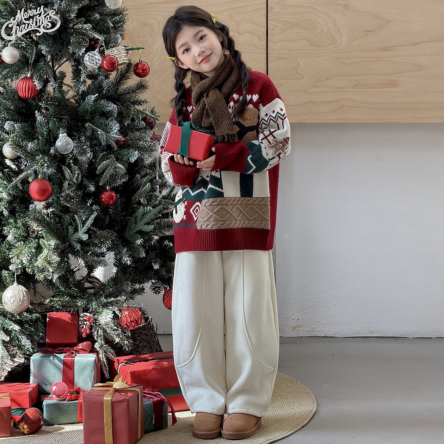 女童加厚毛衣冬季2025新款儿童时髦圣诞风针织衫中大童冬装毛线衣