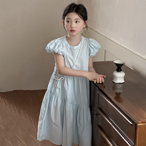 女童连衣裙夏季2025新款洋气儿童素色泡泡袖裙女孩夏装公主裙子潮