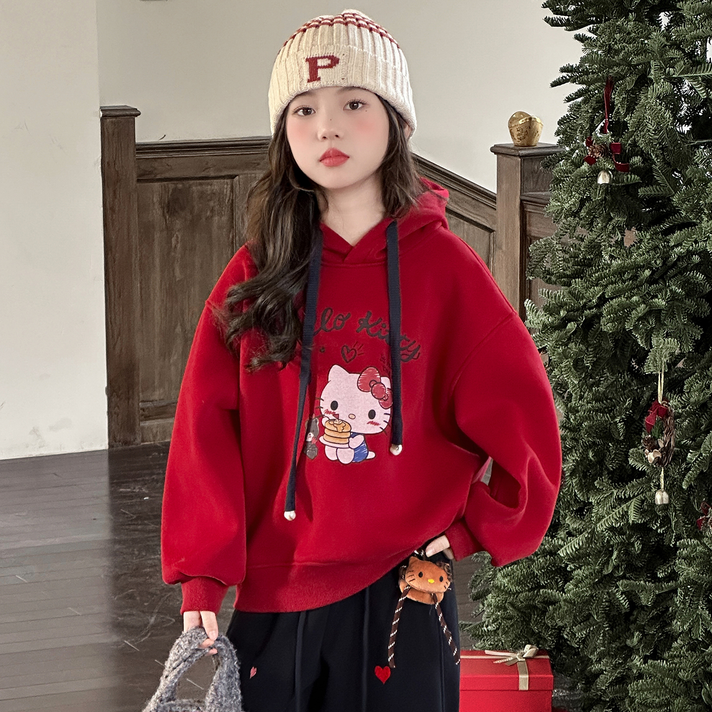 女童加绒卫衣冬装2025新款儿童加厚拜年红色上衣中大童冬季连帽衫