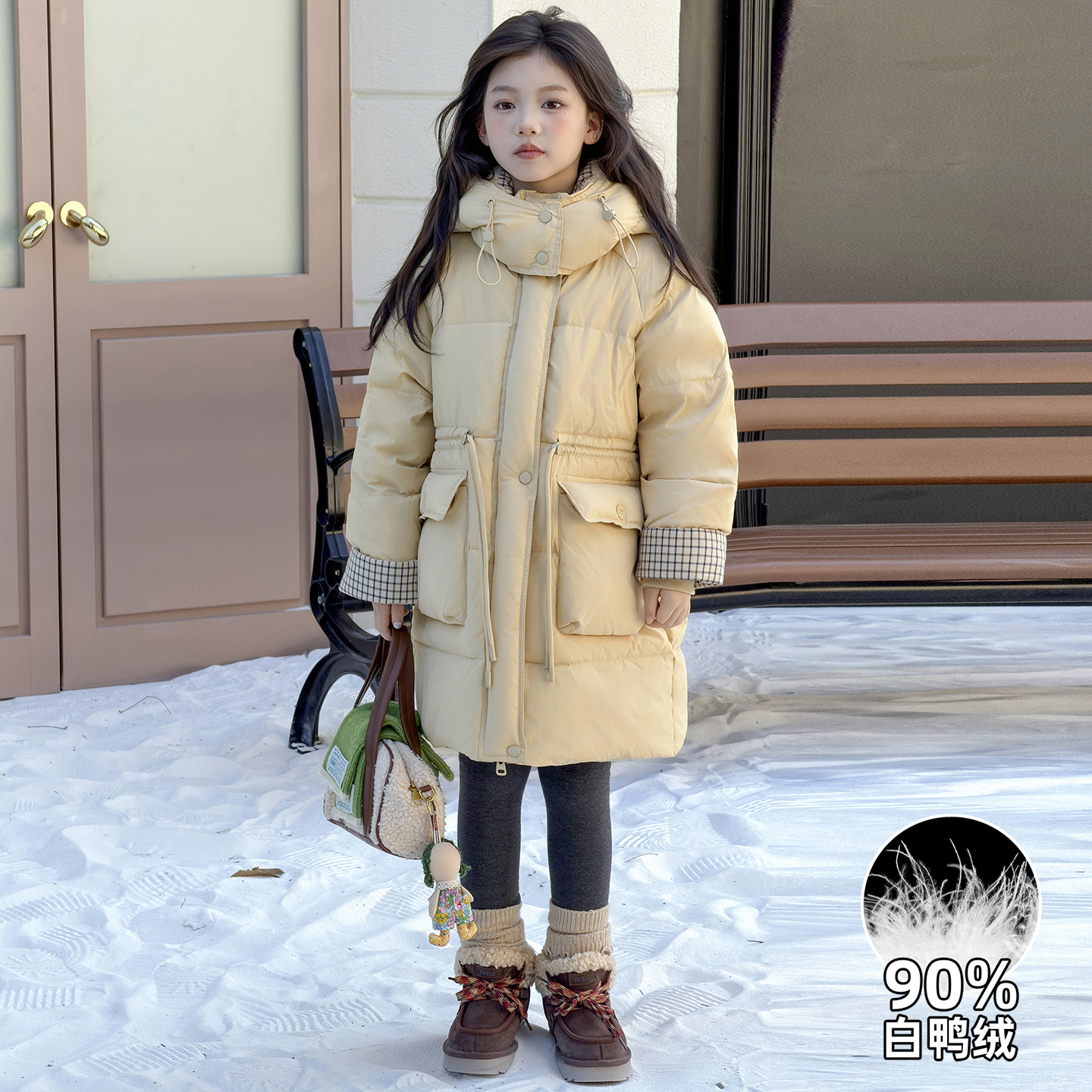 女童白鸭绒羽绒服中长款2025新款连帽加厚保暖冬装中大童洋气外套