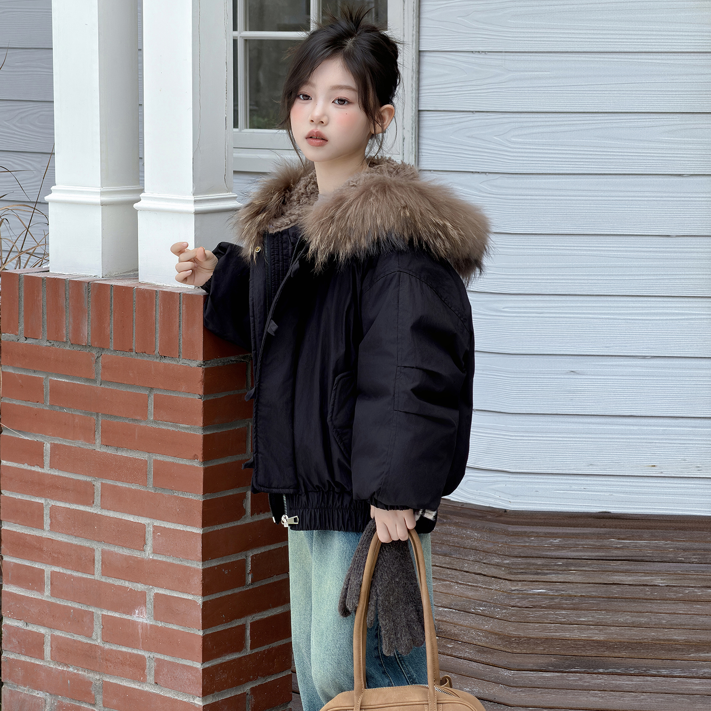 女童大毛领派克羽绒服冬装2025新款韩版儿童保暖白鸭绒连帽外套潮