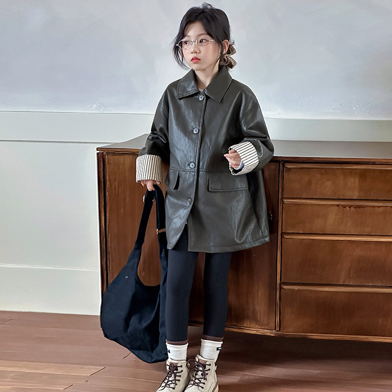 女童皮衣外套春秋2025新款洋气儿童韩版中长款夹克女孩秋季上衣潮
