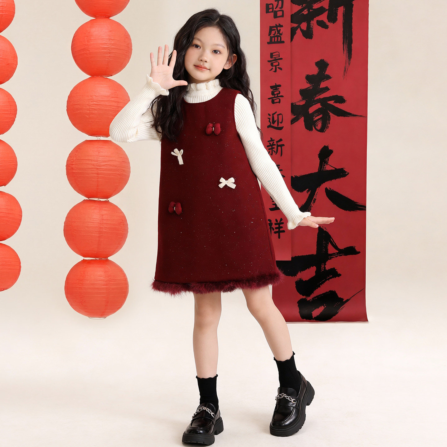 女童甜美蝴蝶结毛呢连衣裙秋冬2026新款儿童加厚新年拜年服两件套,童装/婴儿装/亲子装,连衣裙,淘宝优惠券,粉丝福利购,淘宝优惠卷