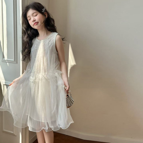 韩国女童连衣裙夏季2026新款洋气儿童礼服网纱裙子女孩背心公主裙