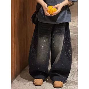 女童冬季加绒裤子2026新款韩版儿童满天星黑色加厚阔腿牛仔裤洋气