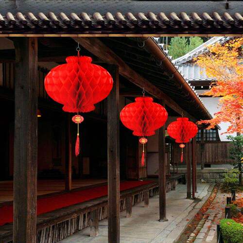 小红纸灯笼挂饰2026新款户外防水过年春节新年装饰油纸蜂窝连串