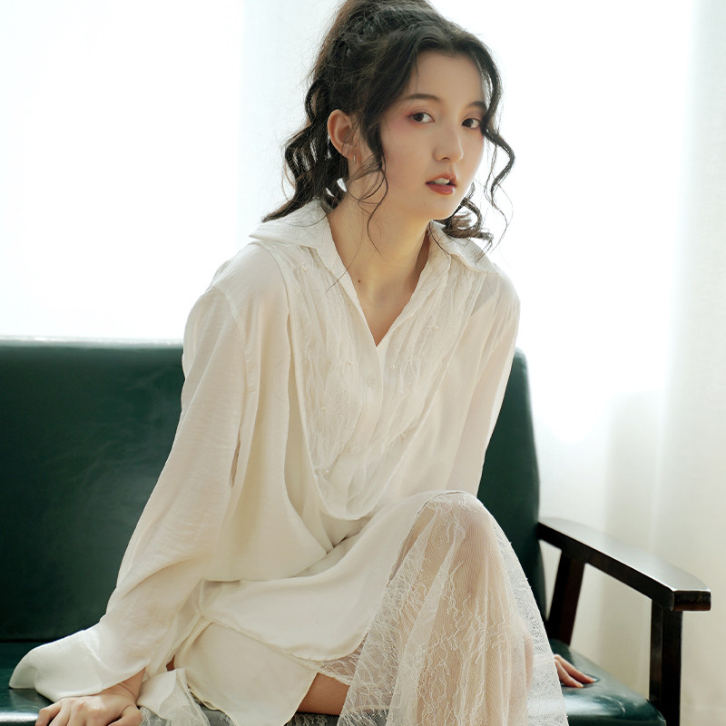 LULU新娘晨袍性感可外穿棉质柔软春夏衬衫白色天丝睡裙蕾丝长裙