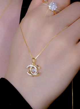 爆款正品双C形吊坠女新款镶嵌灵动铜合金锁骨轻奢项链送七夕礼物