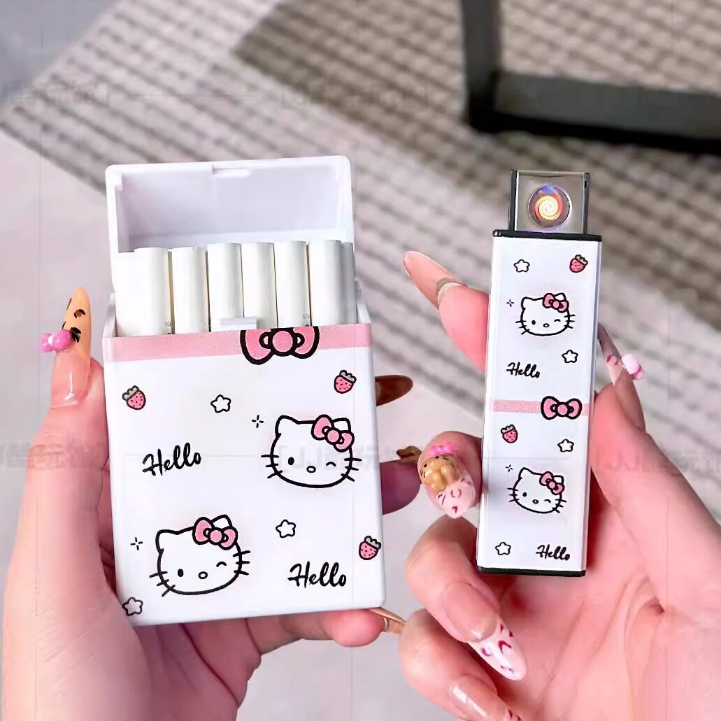 卡通HelloKitty猫烟盒打火机套装静音充电高颜值女士点烟打火机潮