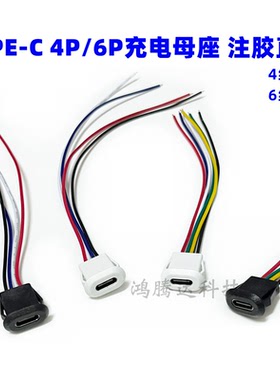 TYPE-C母座4P 6线注胶 直压式 台灯typec充电口快充改装usb连接器