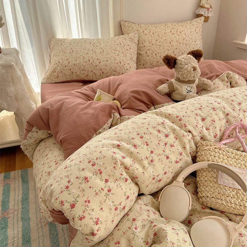 ins风田园小碎花超软双层纱床上四件套a类被套学生宿舍床单三件套