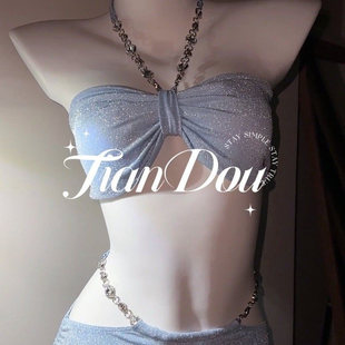 蓝色钻链比基尼女分体三件套蝴蝶结设计性感泳衣高级质感