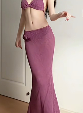 性感度假风比基尼三件套女分体式海边温泉泳衣紫色