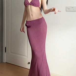 性感度假风比基尼三件套女分体式 海边温泉泳衣紫色