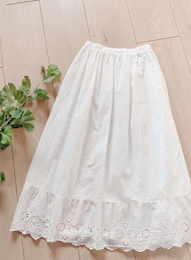 Hollo Lace Cotton Linen Loose Loose A-line Skirt松紧腰半身裙