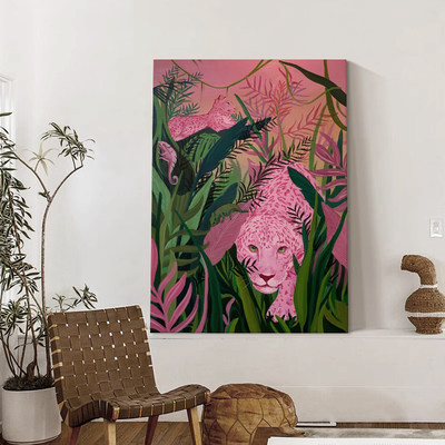 丛林粉红豹手绘油画客厅大幅落地装饰画玄关动物家居饰品摆件挂画