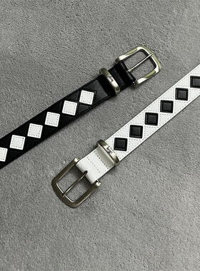 Stu小众黑白棋盘方格皮带潮流男女通用简约腰带潮同款ins风百搭