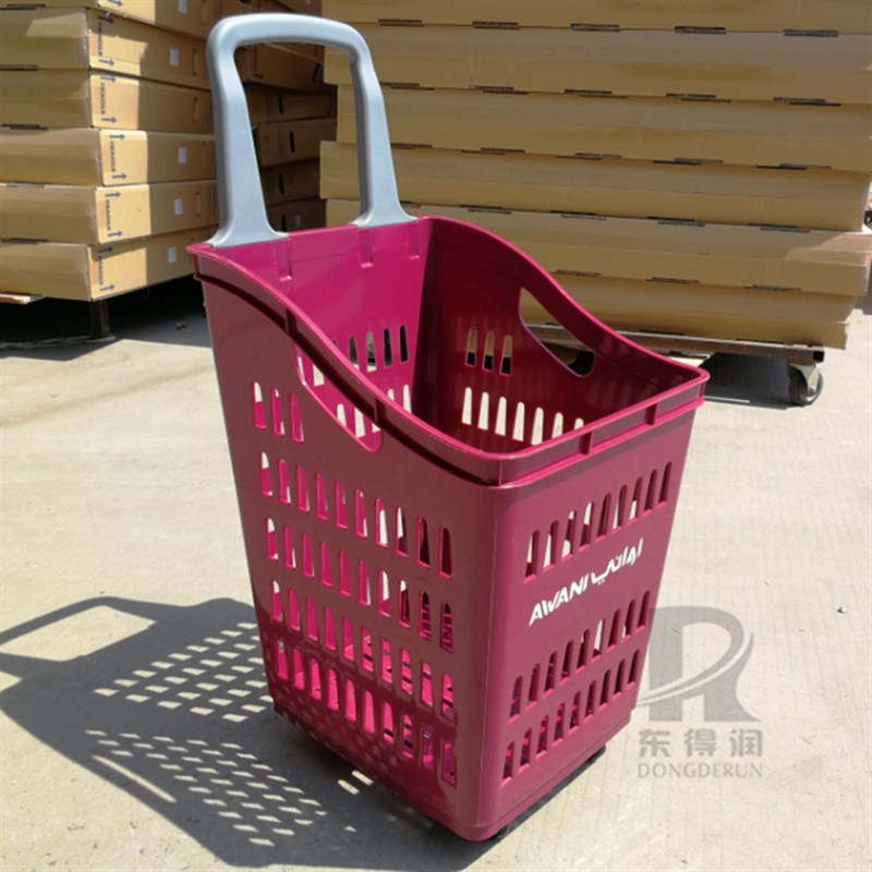 大号超市四轮拉杆塑料篮 带轮手推篮 商场手拉四轮购物篮