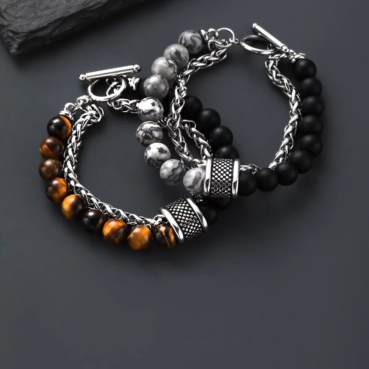 钛钢手链男高级感潮男个性转运珠手镯男生串珠黑黑曜石手串饰品