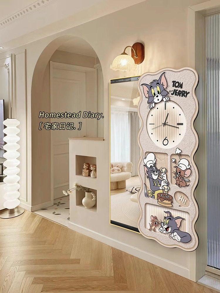 猫和老鼠玄关过道走廊装饰画带钟表穿衣镜暗藏式推拉全身镜子挂画