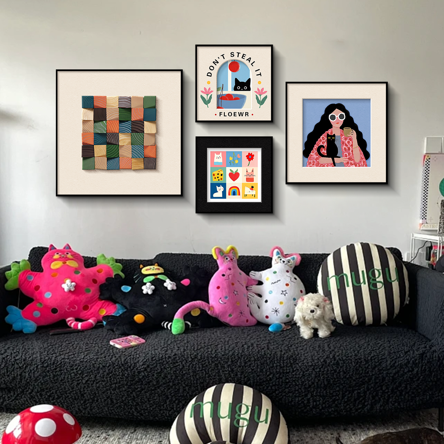 奶油中古风客厅装饰画立体实木画多巴胺沙发背景墙组合挂画高级感,家居饰品,现代装饰画,淘宝优惠券,粉丝福利购,淘宝优惠卷