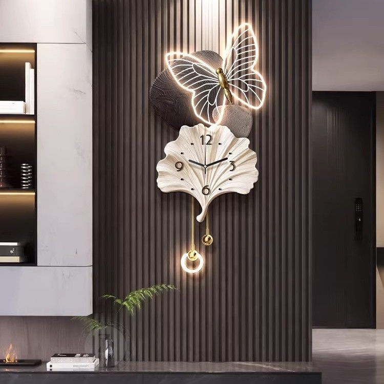 轻奢高级感电视背景墙装饰画银杏叶挂钟客厅格栅壁灯创意时钟挂画