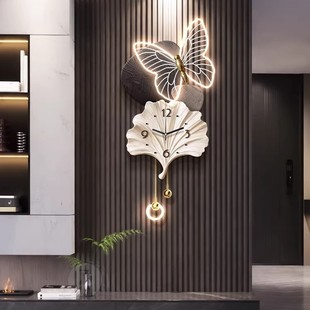 轻奢高级感电视背景墙装饰画银杏叶挂钟客厅格栅壁灯创意时钟挂画