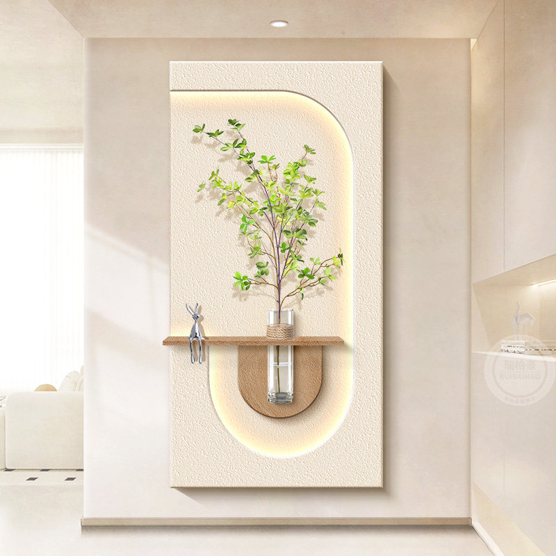 原木奶油风入户门玄关装饰画立体客厅走廊过道挂画高级感造景壁灯