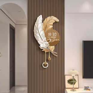 羽毛格栅装饰挂件客厅挂钟万年历电子表挂画高级轻奢创意时钟壁灯