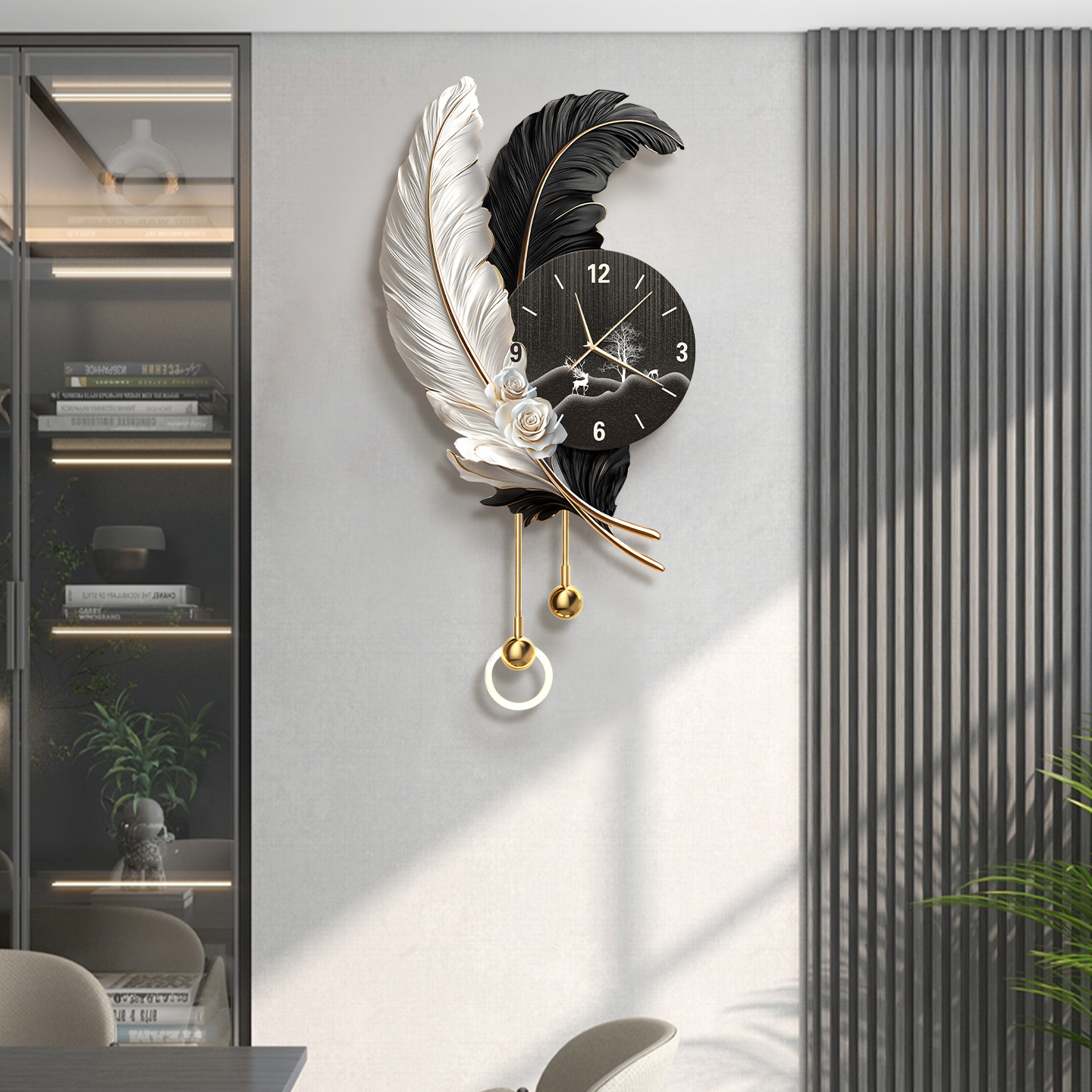 羽毛格栅装饰挂件客厅电视机背景墙挂画钟表高级轻奢创意时钟壁灯