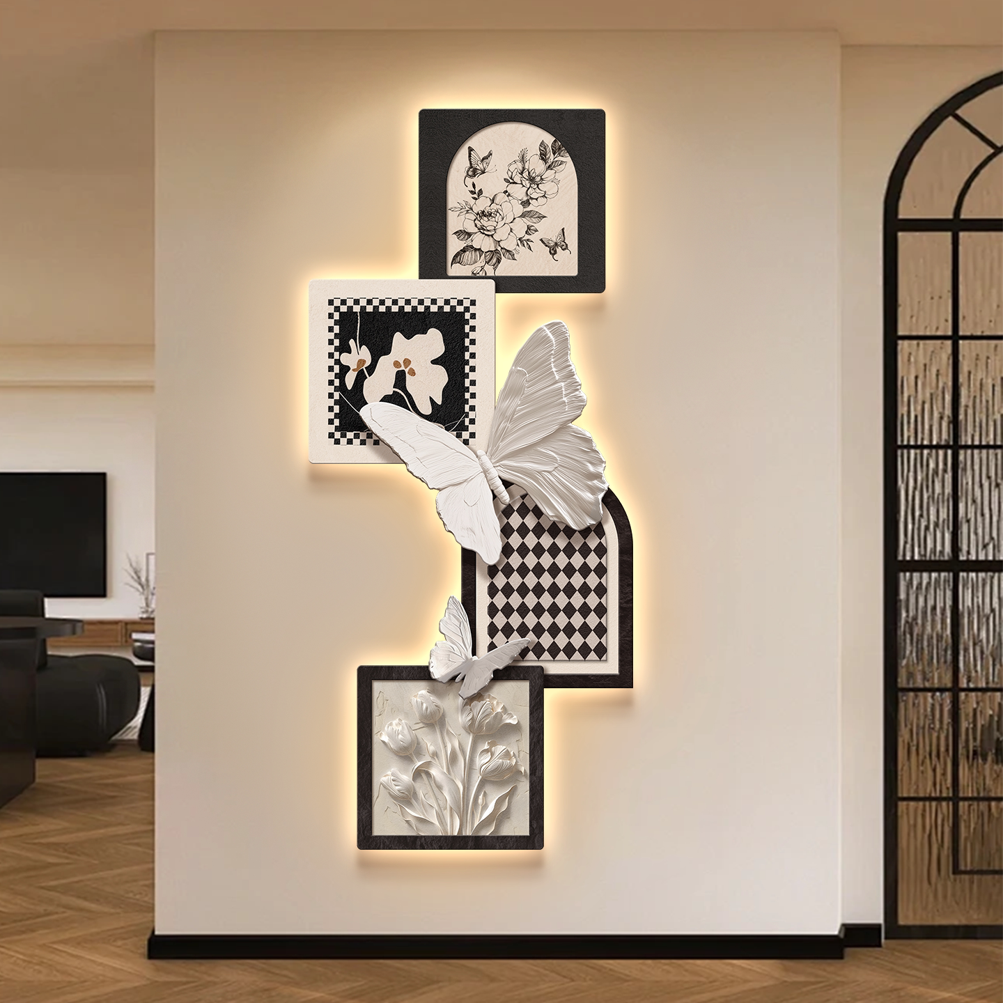 法式中古风入户玄关装饰画花卉蝴蝶壁灯客厅挂画复古走廊过道壁画