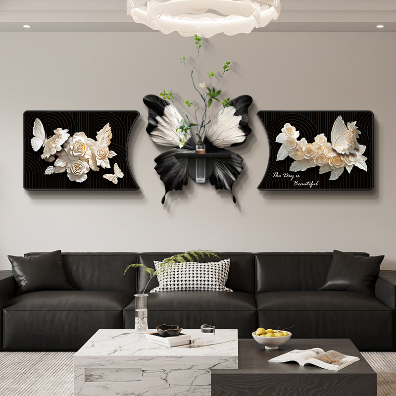 水培绿植客厅装饰画蝴蝶3D立体沙发背景墙挂画法式复古高级感壁画图片