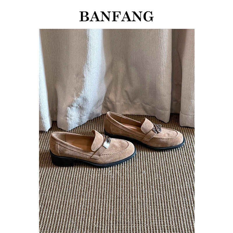BANFANG女鞋粗跟圆头绒面英伦风懒人乐福鞋女金属缀饰一脚蹬单鞋,女鞋,乐福鞋（豆豆鞋）,淘宝优惠券,粉丝福利购,淘宝优惠卷